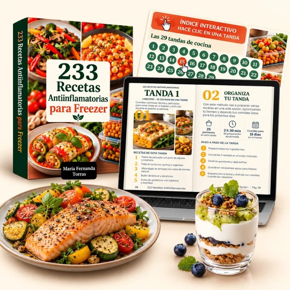 Recetario digital 233 Recetas Antiinflamatorias para Freezer en libro y computadora