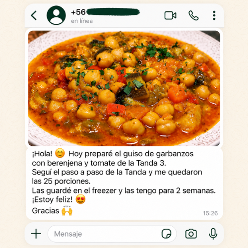 Testimonio real: guiso de garbanzos con berenjena y tomate de la Tanda 3, con las 25 porciones listas